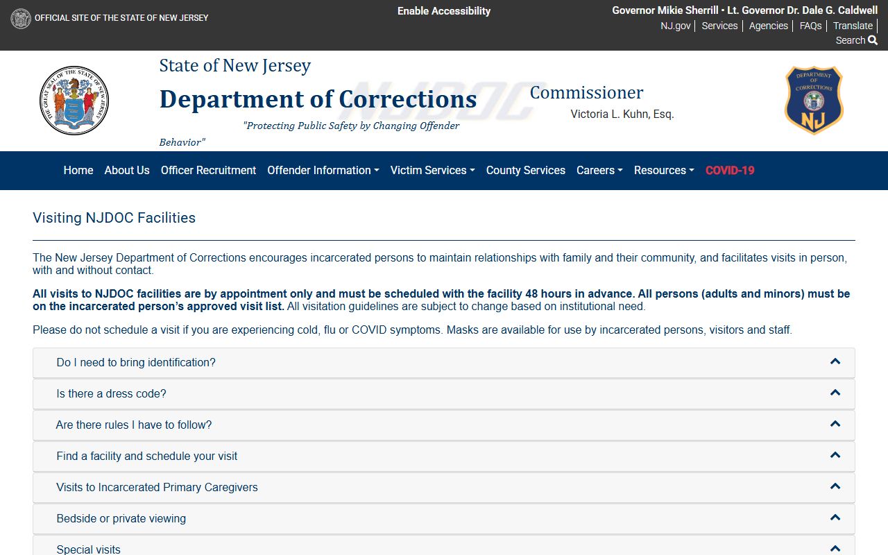 New Jersey State Prison visitation schedule from NJDOC